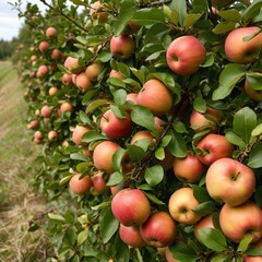 Obraz premium A bountiful apple orchard awaits harvest on a refreshing autumn day.