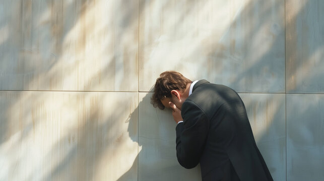 Upset businessman banging his head against wall in despair looks stressed having problems at work, bankruptcy, business failure unsuccessful negotiations, project loss, failed job interview concept