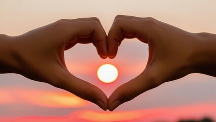 Obraz premium A close-up of a couple's hands forming a heart shape with the setting sun at the center