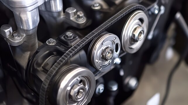 Close-up view of timing belt in a diesel engine, showing robust pulleys and precise engineering.