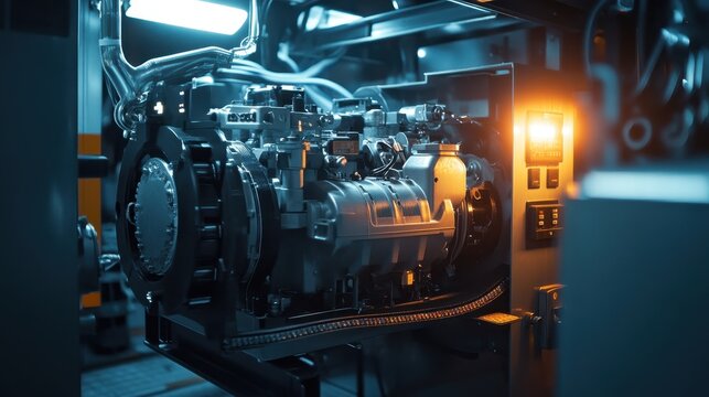 Diesel generator belt drive system under bright lighting, showing rugged components designed for high performance.