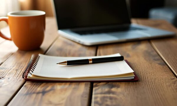 An open notebook with a sleek pen rests on a rustic table, inviting creativity and inspiration, with warm lighting enhancing the opportunities for reflection.