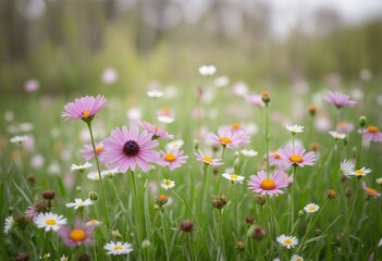 Fototapeta premium A tranquil meadow in spring adorned with dancing wildflowers.