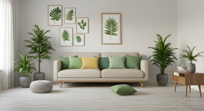 Sof&aacute; beige, plantas verdes, decoraci&oacute;n de madera, luz natural.