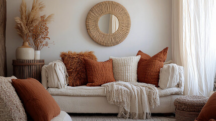 A bohemian living room featuring earthy tones, plush pillows, and unique decorations, offering a tranquil space that radiates calm and comfort.
