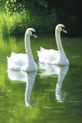 Obraz premium Elegant Swans Gliding on Serene Green Waters Under Soft Light
