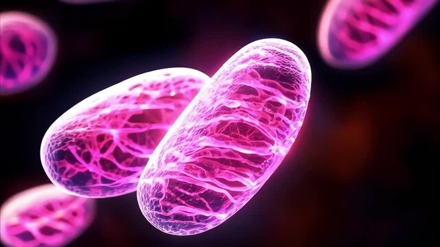 A vibrant illustration of mitochondria, depicted in pink and purple, showcasing their complex structures and energy functions.
