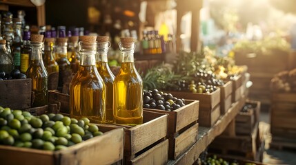 Fresh olives and olive oil displayed at an outdoor market during golden hour