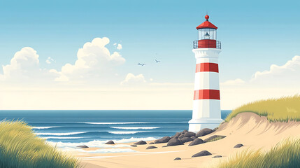 Fototapeta premium Classic lighthouse on sandy beach with ocean waves and grasses, copy space