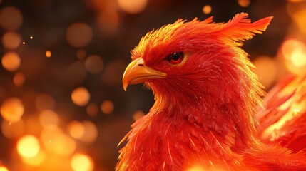 Fototapeta premium Vivid Red Phoenix Surrounded by Warm Glowing Flames and Sparks