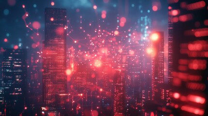 Obraz premium Creative night city wallpaper with digital connections. Internet and technology concept. Double exposure