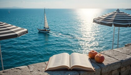 Obraz premium A serene beach side setting with an open book, fresh apples, sun loungers, and sailboats on a calm blue ocean. Perfect for vacation, relaxation, and travel themes.
