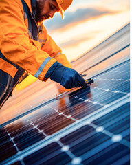 Solar panel installation by technician at sunset rooftop energy production