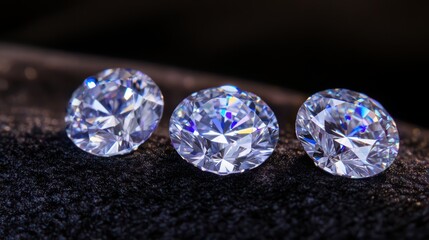 Three Sparkling Oval Cut Diamonds on Dark Velvet Background