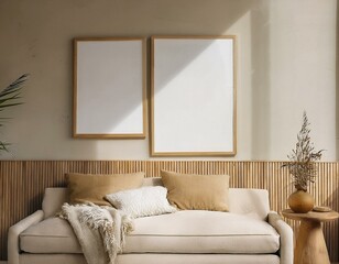 Frame mockup, ISO A paper size. Living room wall poster mockup. Interior mockup with house background. Modern interior design. 3D render