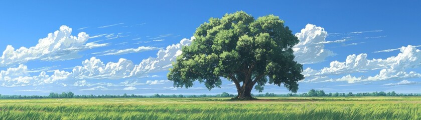 Obraz premium Sunny field with lone tree, beautiful sky