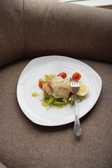Plated Salmon Fish Dish with Salad and Lemon Garnish