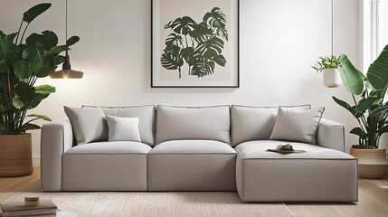 Obraz premium A modern Scandinavian living room featuring a sleek grey sofa, minimalist furniture, and lush plants, creating a cozy and peaceful atmosphere with soft lighting and simple décor. 