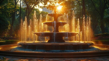 Golden Hour Fountain: Serene Sunset Park Scene