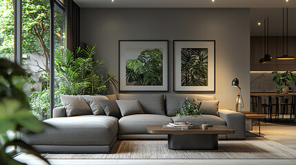A modern Scandinavian living room featuring a sleek grey sofa, minimalist furniture, and lush plants, creating a cozy and peaceful atmosphere with soft lighting and simple décor. 