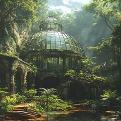 Fototapeta premium A colossal glass dome, shattered and covered in moss, once a utopian biodome.