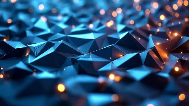 Blue glowing triangular polygon surface with sparkling light