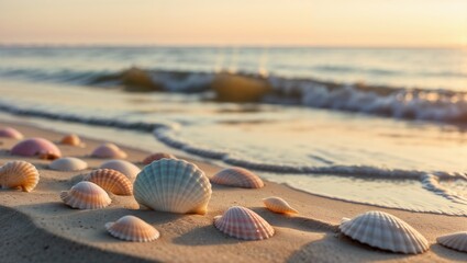 Seashells scattered on sandy beach during sunset with gentle ocean waves