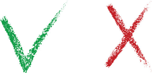 Check mark cross sign in grunge style. Yes and no symbol. Dirty hand drawn brush stroke.