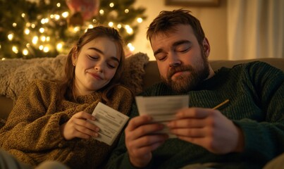 Couple reviewing bills by Christmas tree