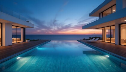 Fototapeta premium A luxurious infinity pool with breathtaking sunset ocean views. A perfect vacation retreat for relaxation, travel, and tropical paradise experiences.