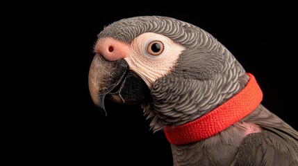 Fototapeta premium Grey parrot portrait, red collar, black background, pet bird