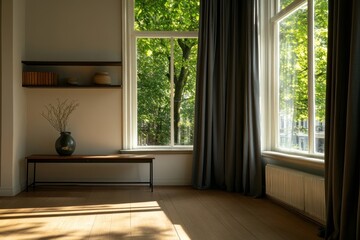 Sunlit room with window, bench, vase, and curtains.