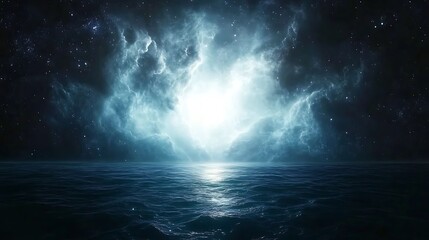 Fototapeta premium Night sea, bright sky, clouds, stars, fantasy
