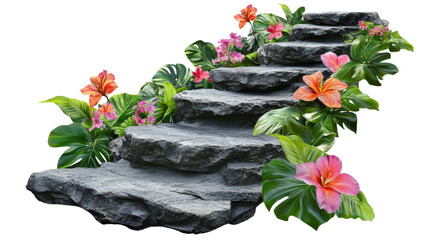 Stone Steps Surrounded by Tropical Flowers and Green Foliage