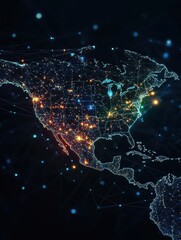 Digital map of North America, showcasing the interconnectedness of the continent through glowing lines and dots, representing communication, technology, and global connections.