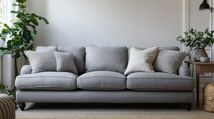 A tranquil Scandinavian living room featuring a grey sofa, functional furniture, and cozy décor with plants adding a touch of nature, creating a peaceful and inviting space.