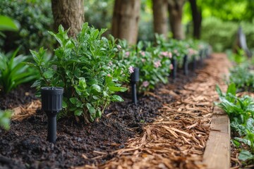 Pathway covered with wood chips between garden beds with lighting system