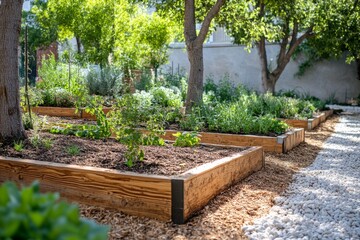 Wooden raised garden beds growing vegetables and herbs in a backyard garden with gravel path