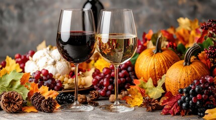Fototapeta premium Autumn wine tasting with pumpkins and grapes