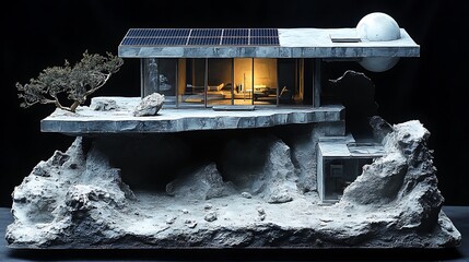 Futuristic lunar habitat model showcasing solar panels and illuminated interior on rocky terrain