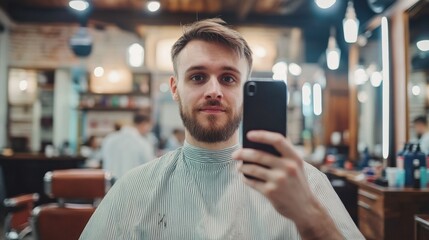 grooming, technology and people concept - man with smartphone taking mirror selfie at barbershop or hairdressing salon and posing