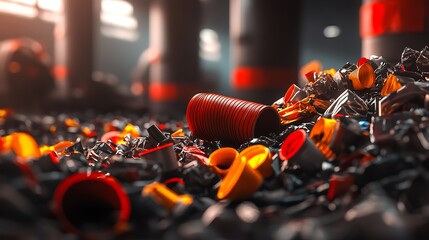 A vibrant collection of colorful plastic waste scattered in a recycling facility, showcasing environmental impact