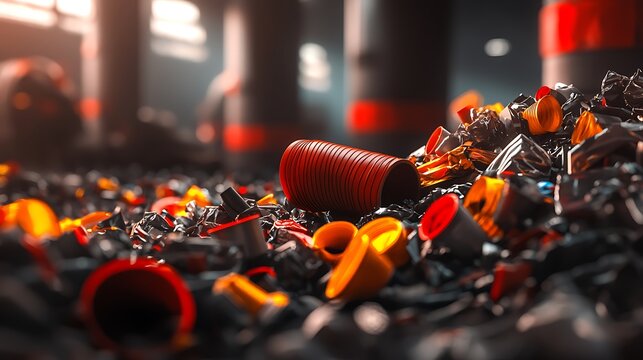 A vibrant collection of colorful plastic waste scattered in a recycling facility, showcasing environmental impact