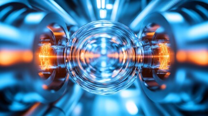 Futuristic Technology: Abstract Blue and Orange Industrial Machine Closeup