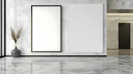 A contemporary hotel foyer with a minimalist design, marble floors, and a large white frame as a statement piece.