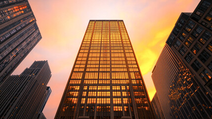 Stunning sunset over skyscrapers urban evening