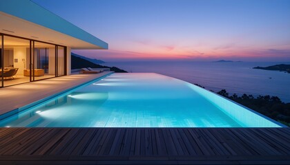 A luxurious infinity pool with breathtaking sunset ocean views. A perfect vacation retreat for relaxation, travel, and tropical paradise experiences.