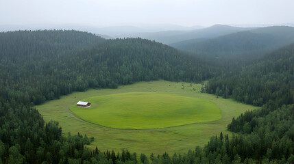 Obraz premium Red barn on green field, hilly forest background, rural landscape, nature photography