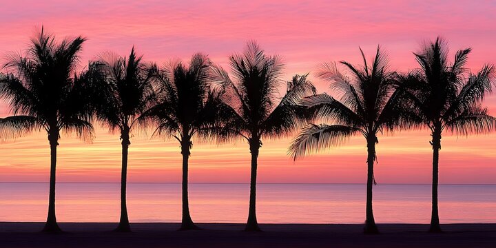 Silhouette Palm Trees at Sunset Beach Tropical Scene