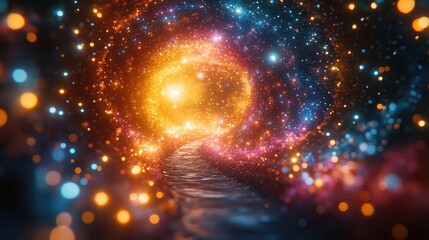Fototapeta premium A vibrant cosmic tunnel with swirling colors and a pathway leading into the universe.